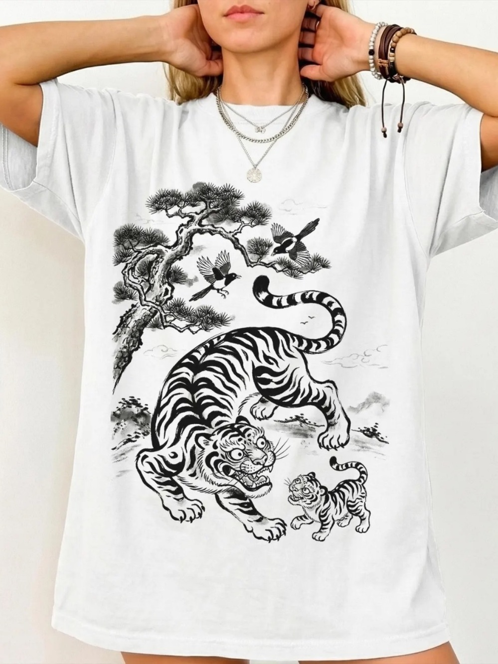 White Short-Sleeve Tee with Black Tiger Graphic